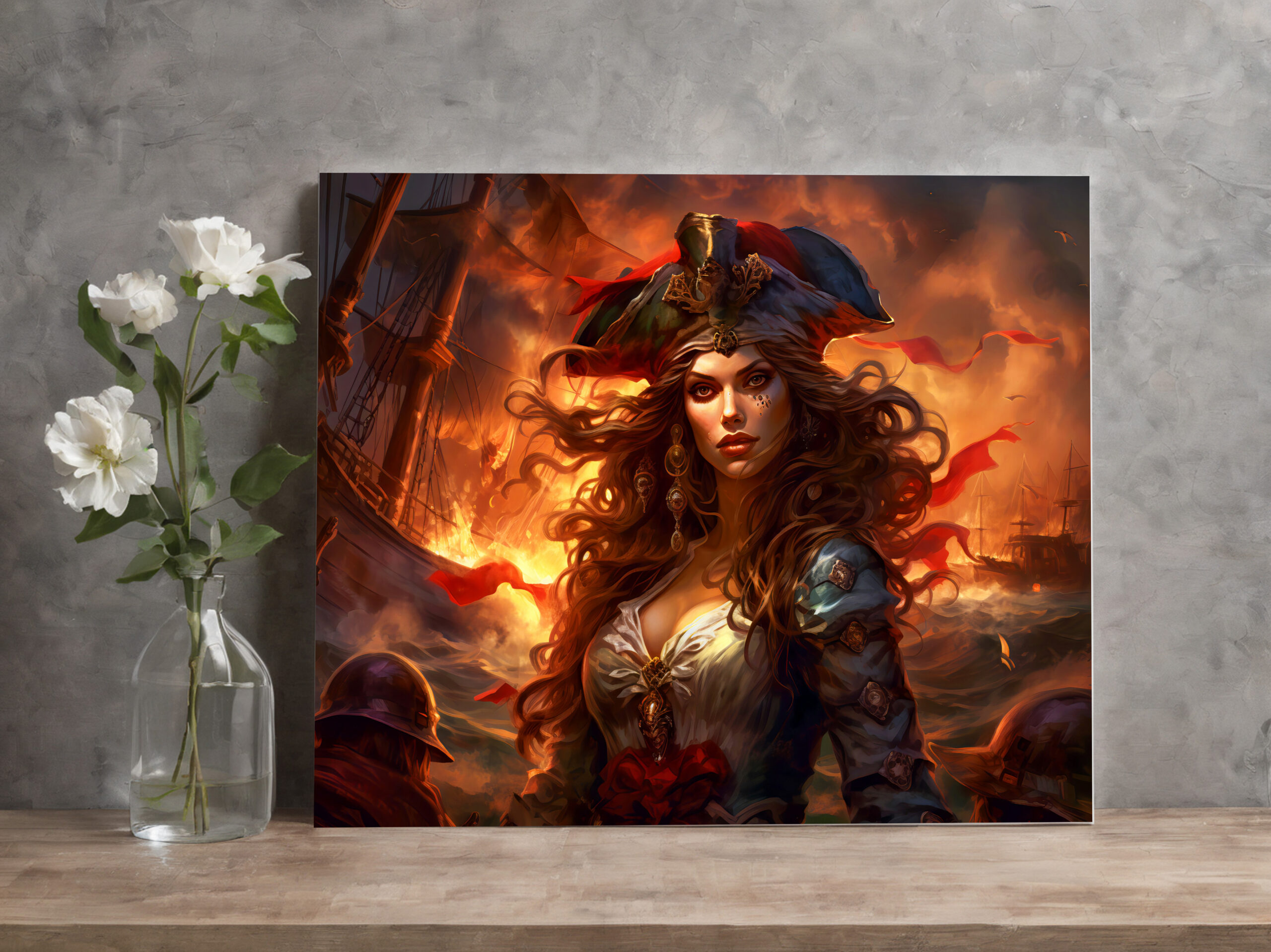 raxxa Canva: NeuFemale Pirate Before Burning Ship Fantasy Painting - Image 2