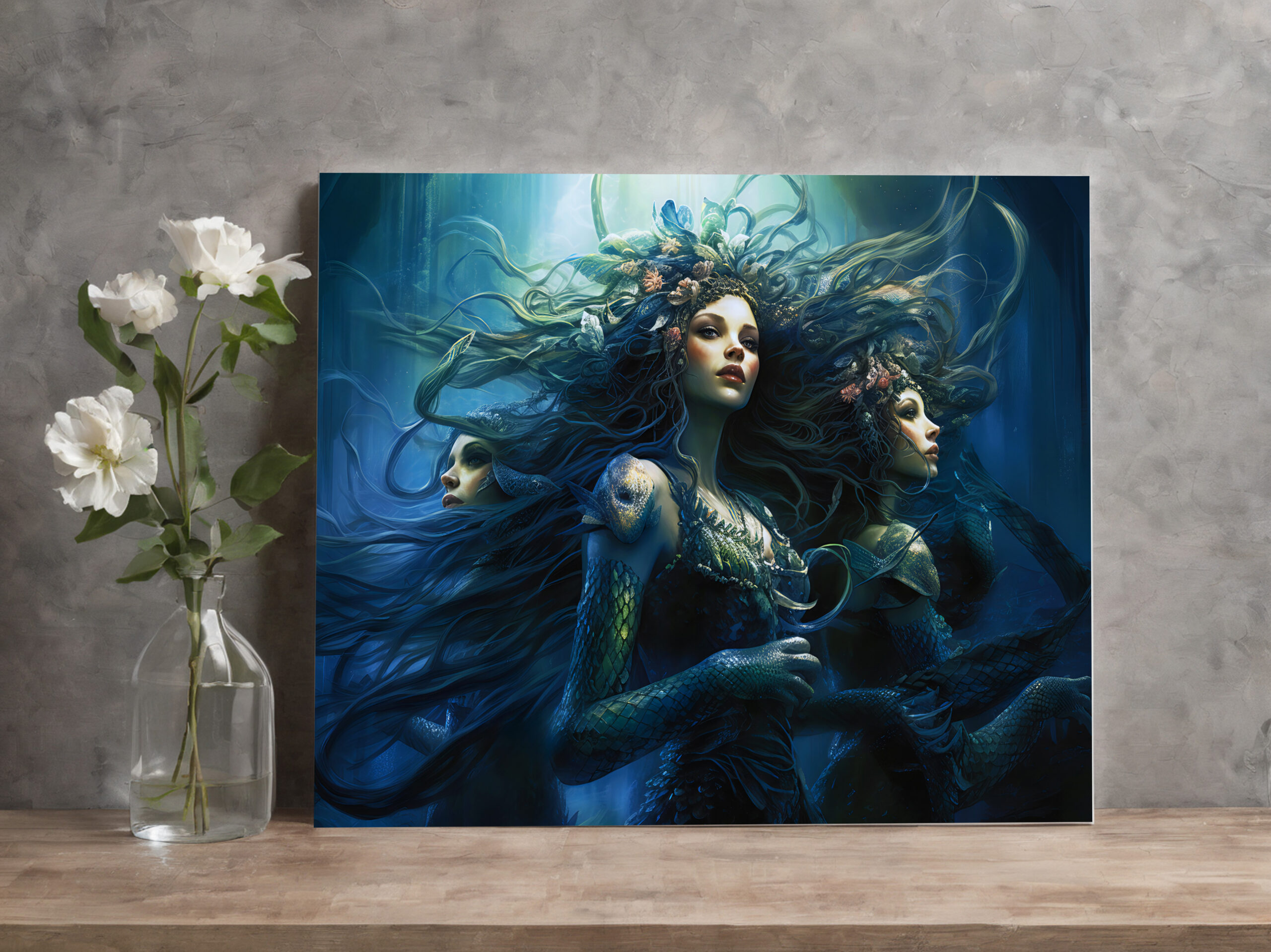 raxxa Canva: Three Sea Nymphs in Mirror Fantasy Painting
