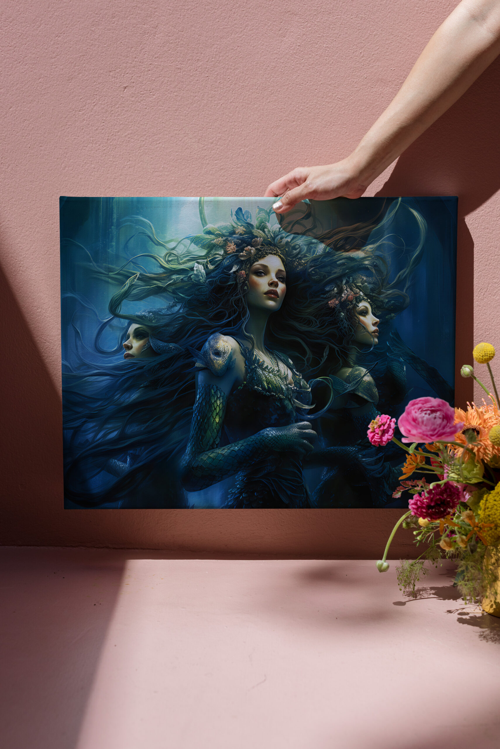 raxxa Canva: Three Sea Nymphs in Mirror Fantasy Painting - Imagen 3