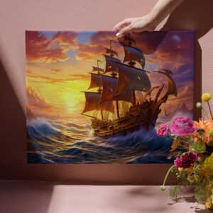 raxxa Canva: Ship in Golden Sunset Storm Fantasy Painting