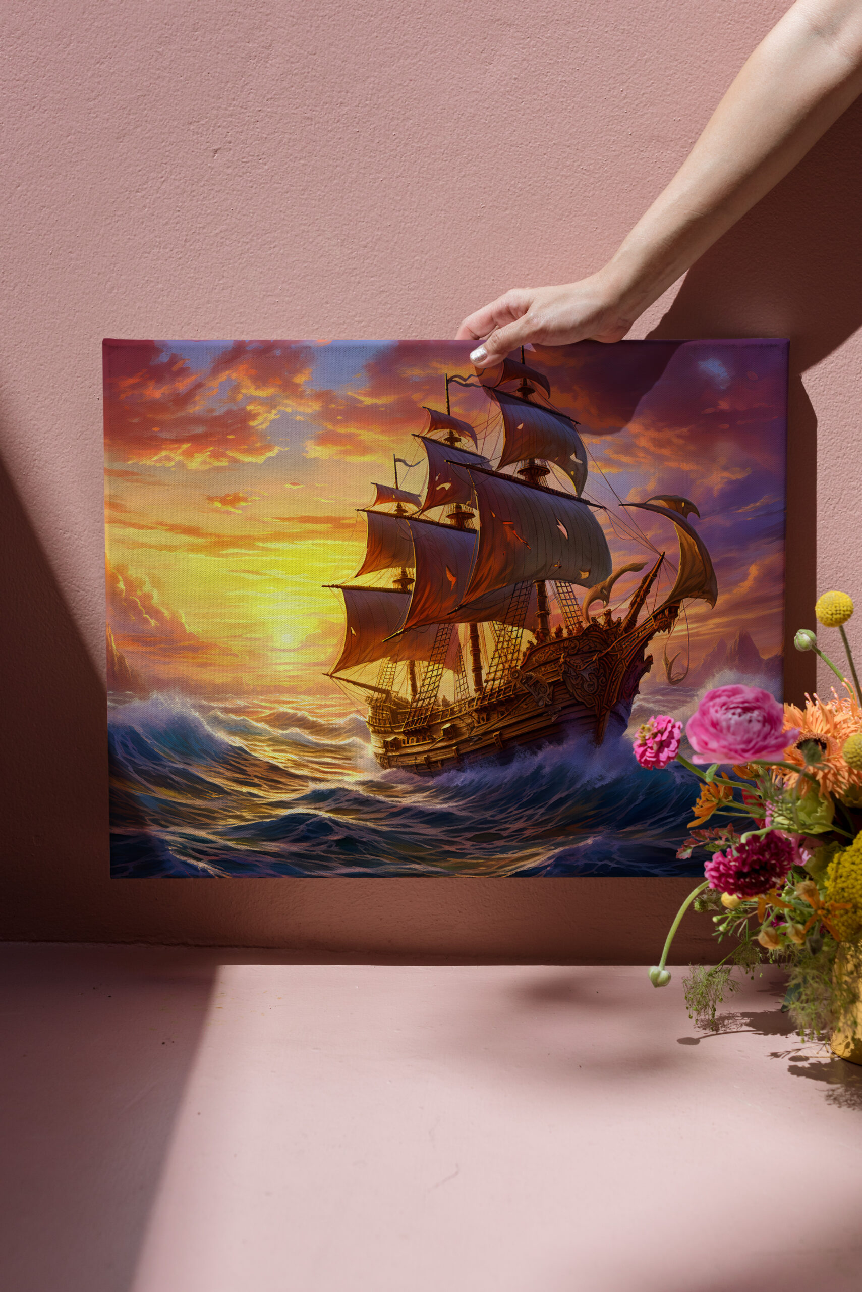 raxxa Canva: Ship in Golden Sunset Storm Fantasy Painting