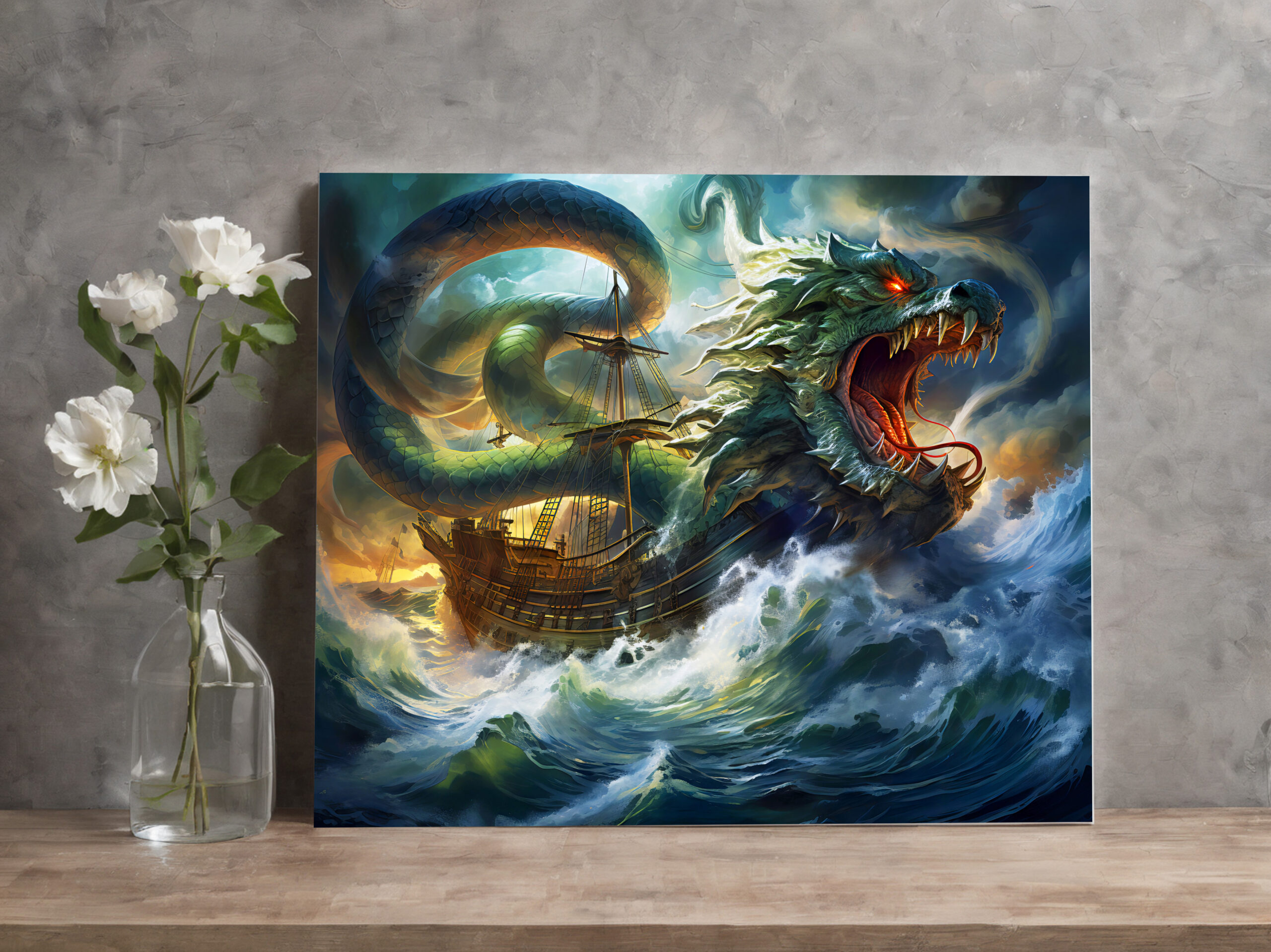 raxxa Canva: Sea Serpent Attacking Ship in Storm Fantasy Painting – Image 3