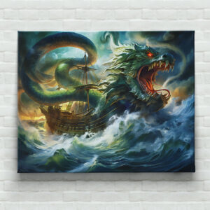 raxxa Canva: Sea Serpent Attacking Ship in Storm Fantasy Painting