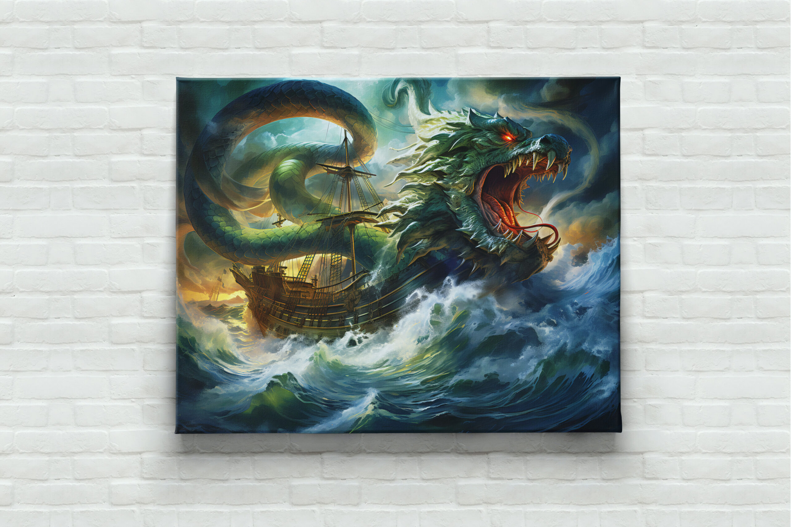 raxxa Canva: Sea Serpent Attacking Ship in Storm Fantasy Painting