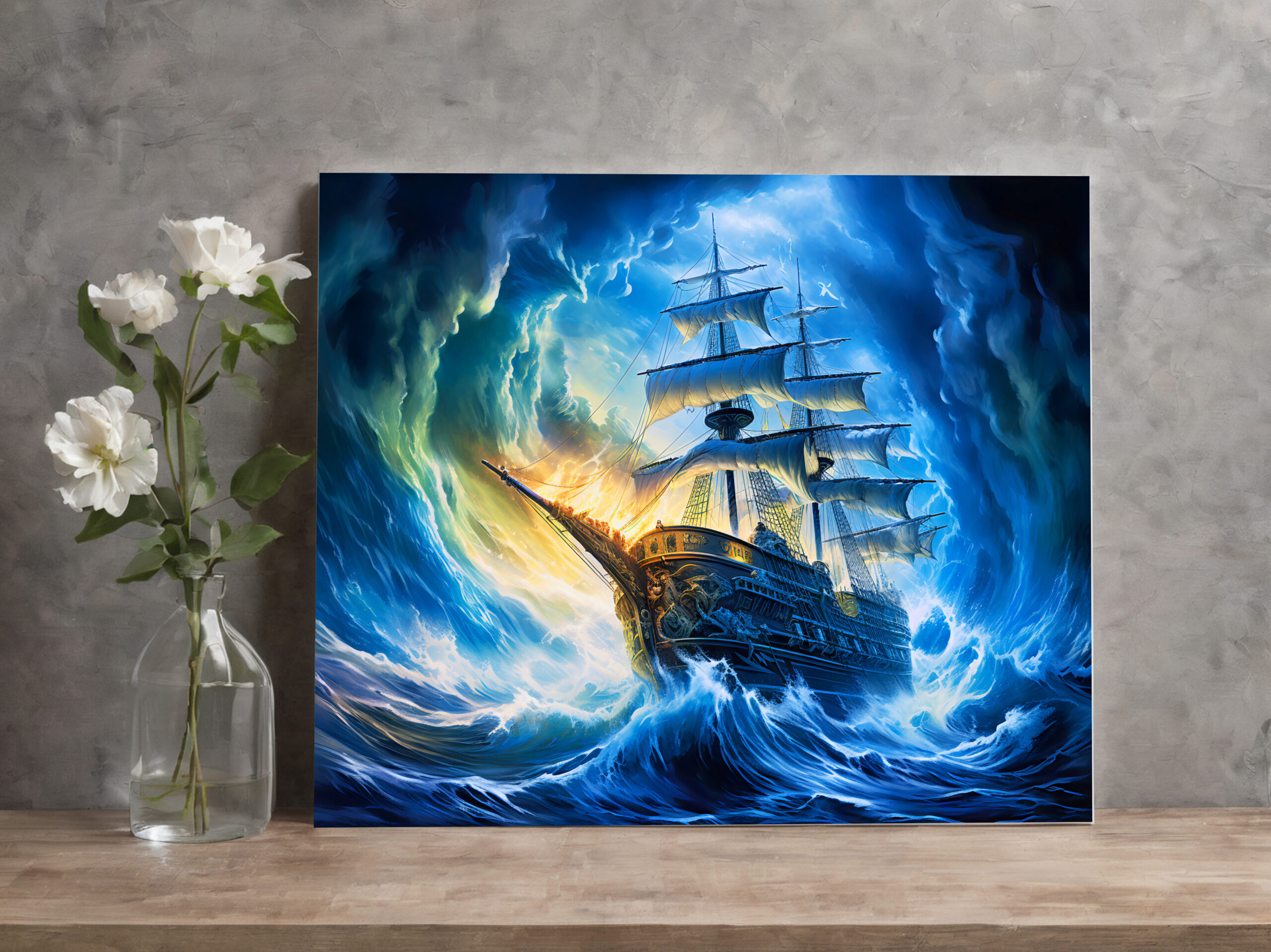 raxxa Canva: Ship in Glowing Blue Ocean Fantasy Painting – Image 2