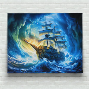 raxxa Canva: Ship in Glowing Blue Ocean Fantasy Painting