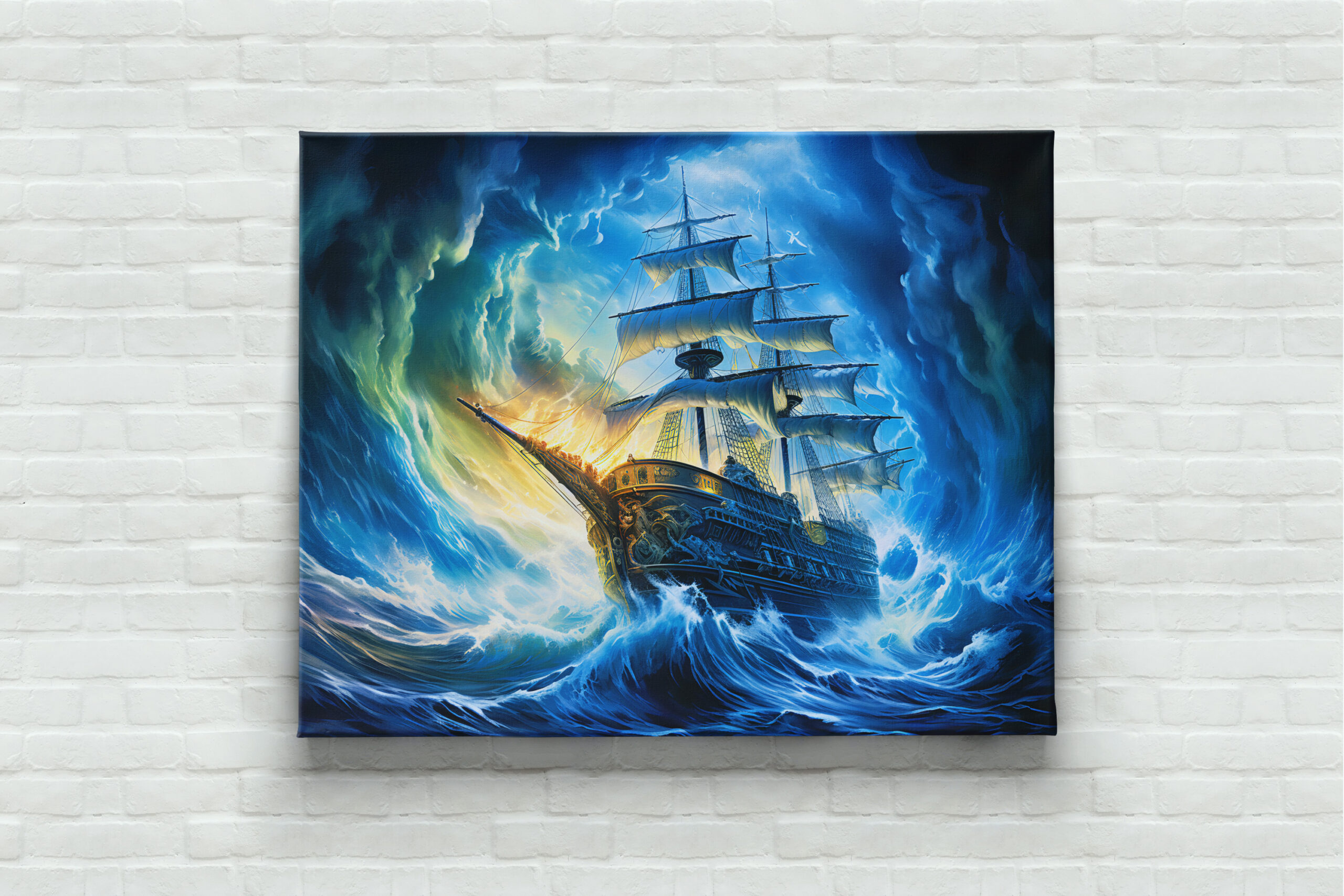 raxxa Canva: Ship in Glowing Blue Ocean Fantasy Painting