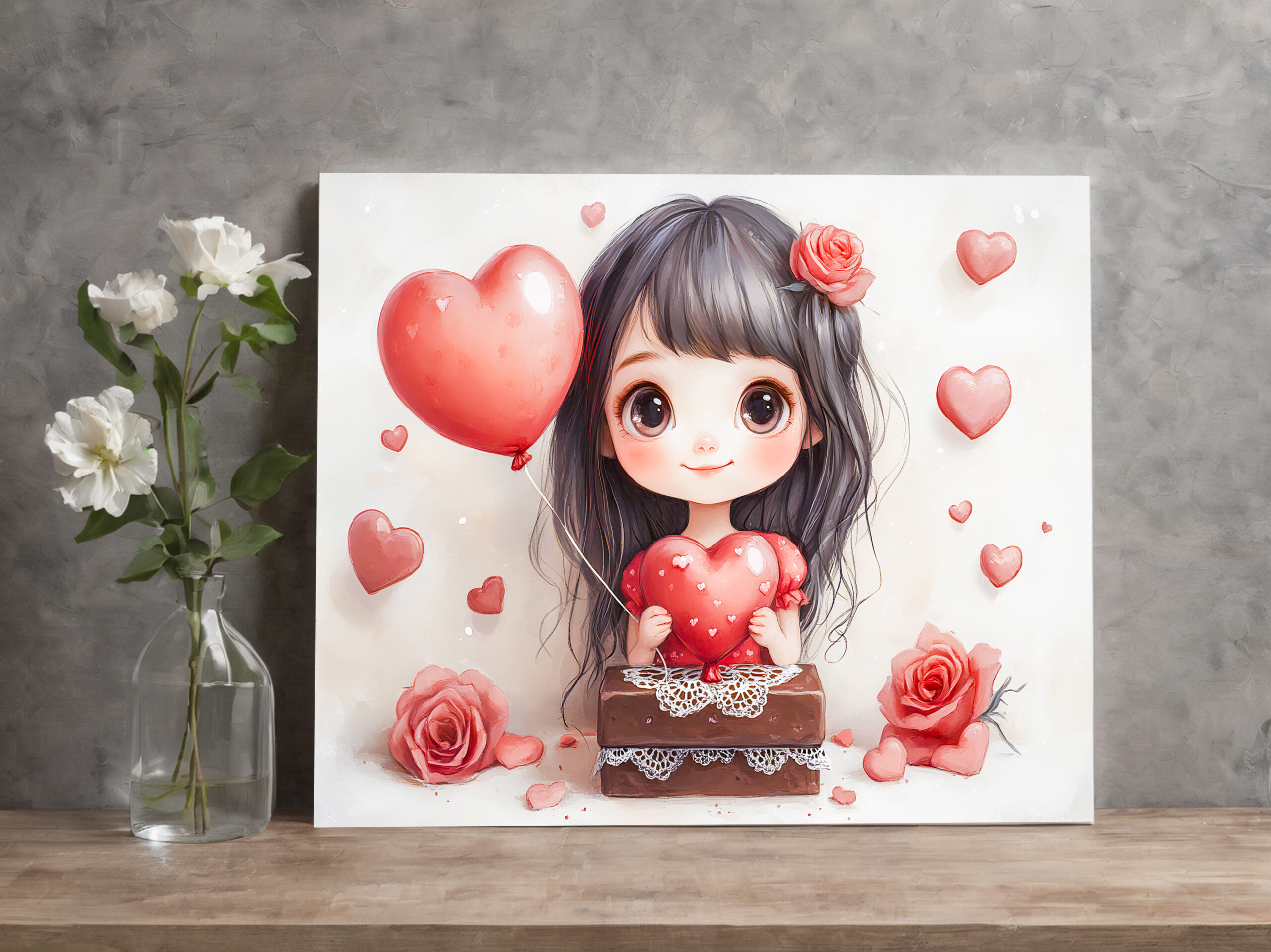 raxxa Canva: Cartoon Girl with Roses and Hearts Sweet Valentine’s Day Artwork – Image 2