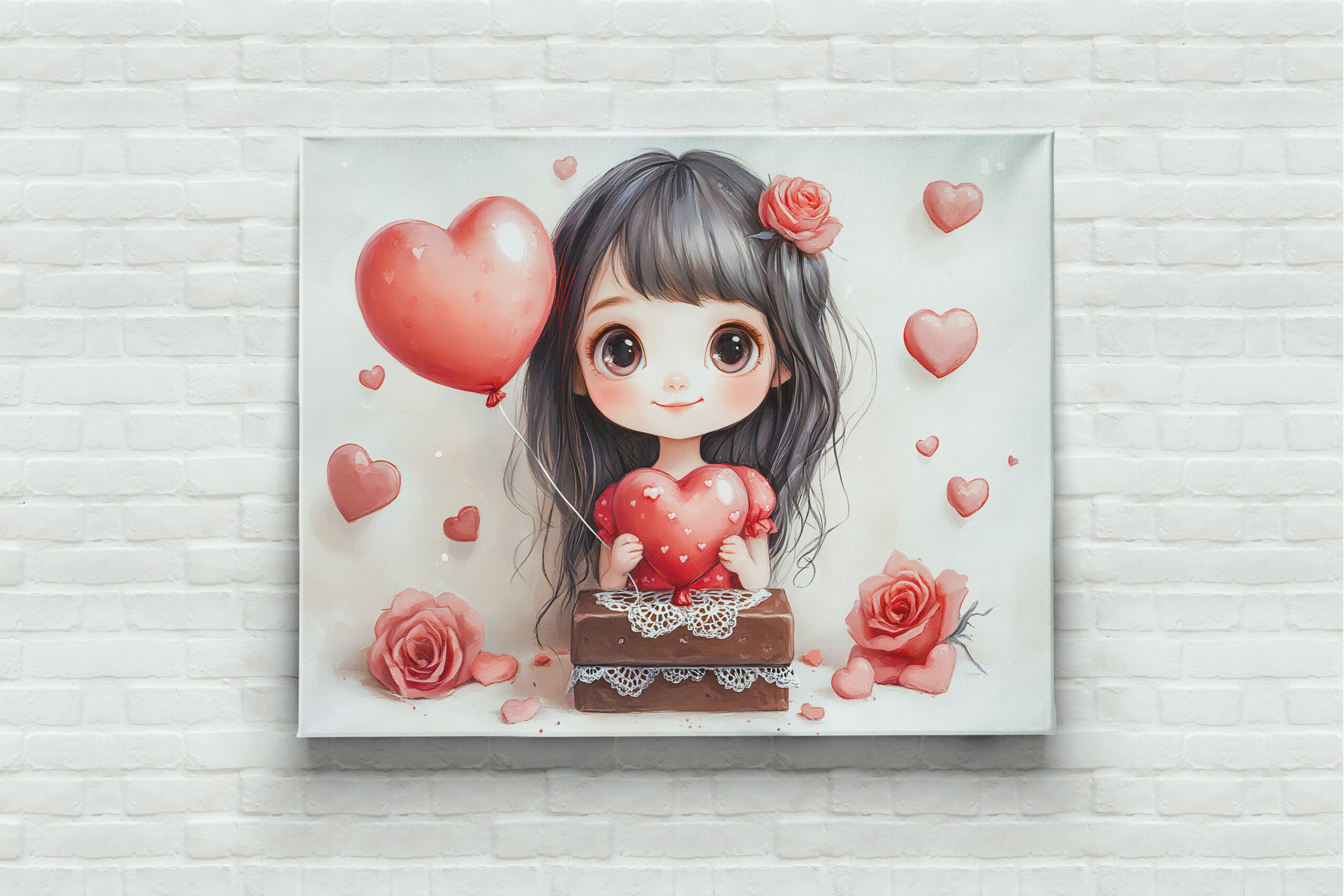 raxxa Canva: Cartoon Girl with Roses and Hearts Sweet Valentine’s Day Artwork – Image 3