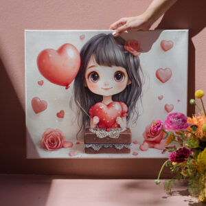 raxxa Canva: Cartoon Girl with Roses and Hearts Sweet Valentine’s Day Artwork