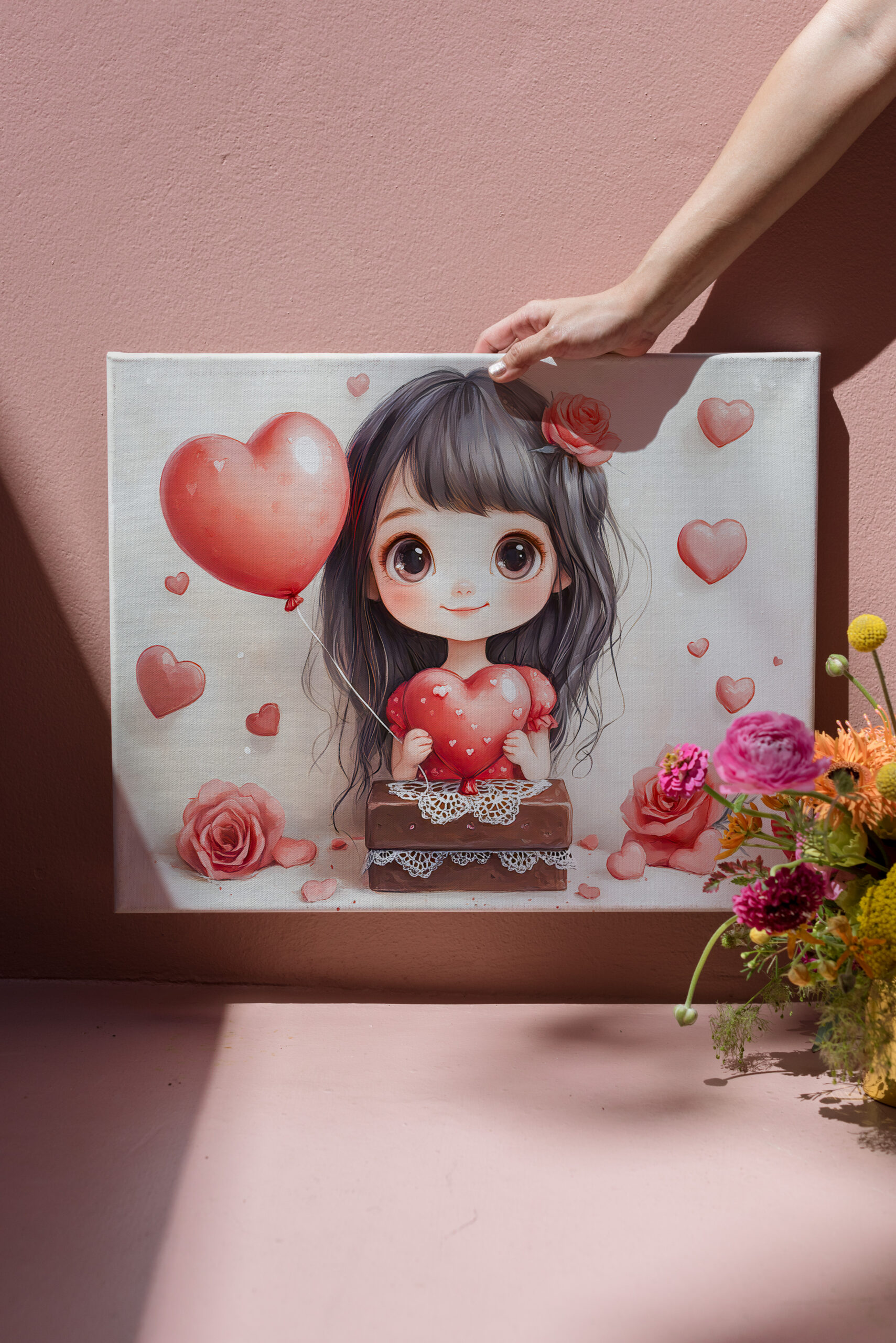 raxxa Canva: Cartoon Girl with Roses and Hearts Sweet Valentine’s Day Artwork