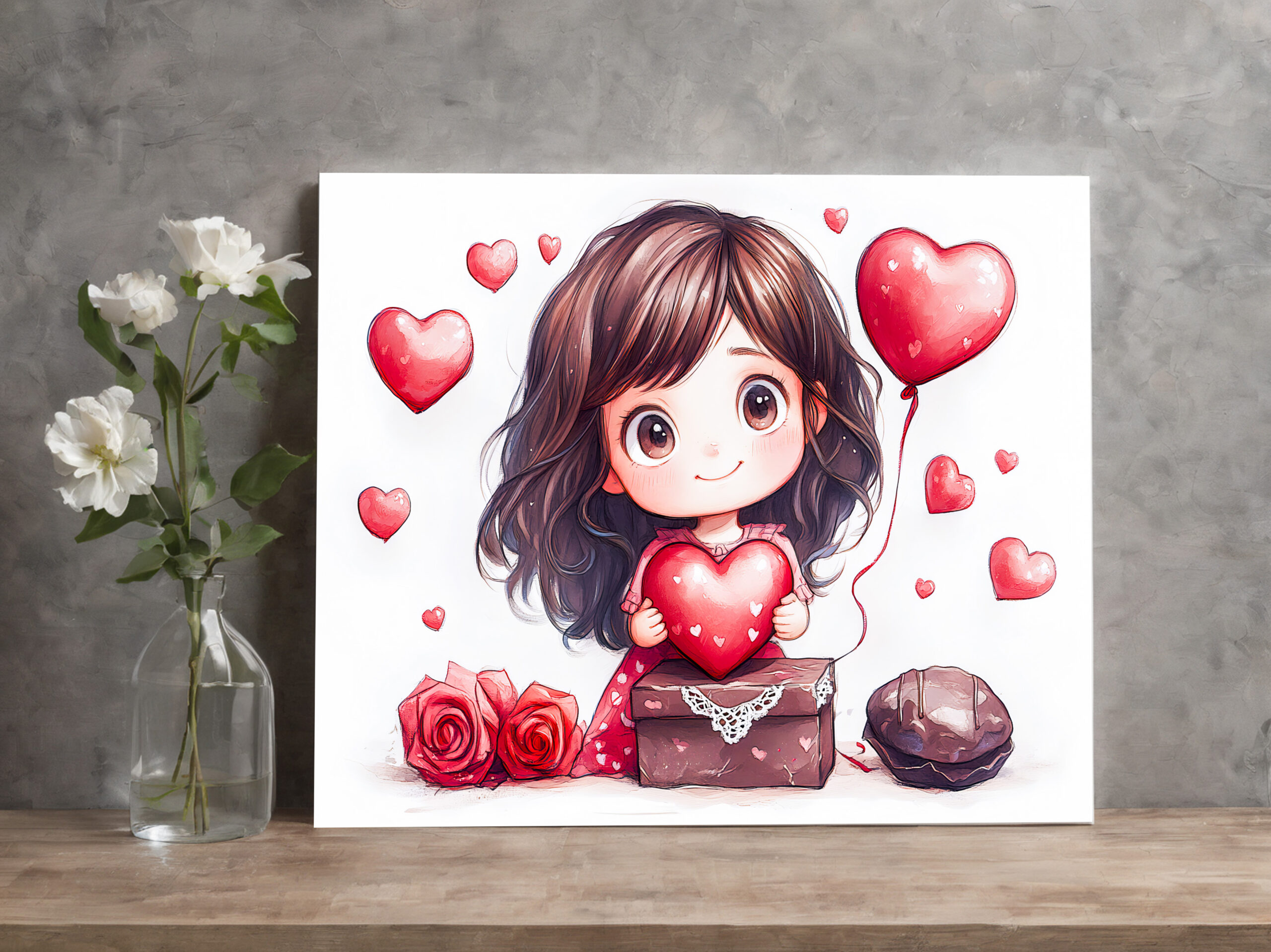 raxxa Canva: Cartoon Girl Holding Heart Romantic Valentine’s Day Artwork – Bild 3