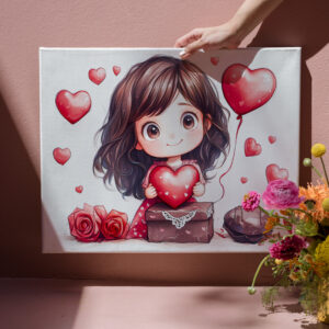 raxxa Canva: Cartoon Girl Holding Heart Romantic Valentine’s Day Artwork