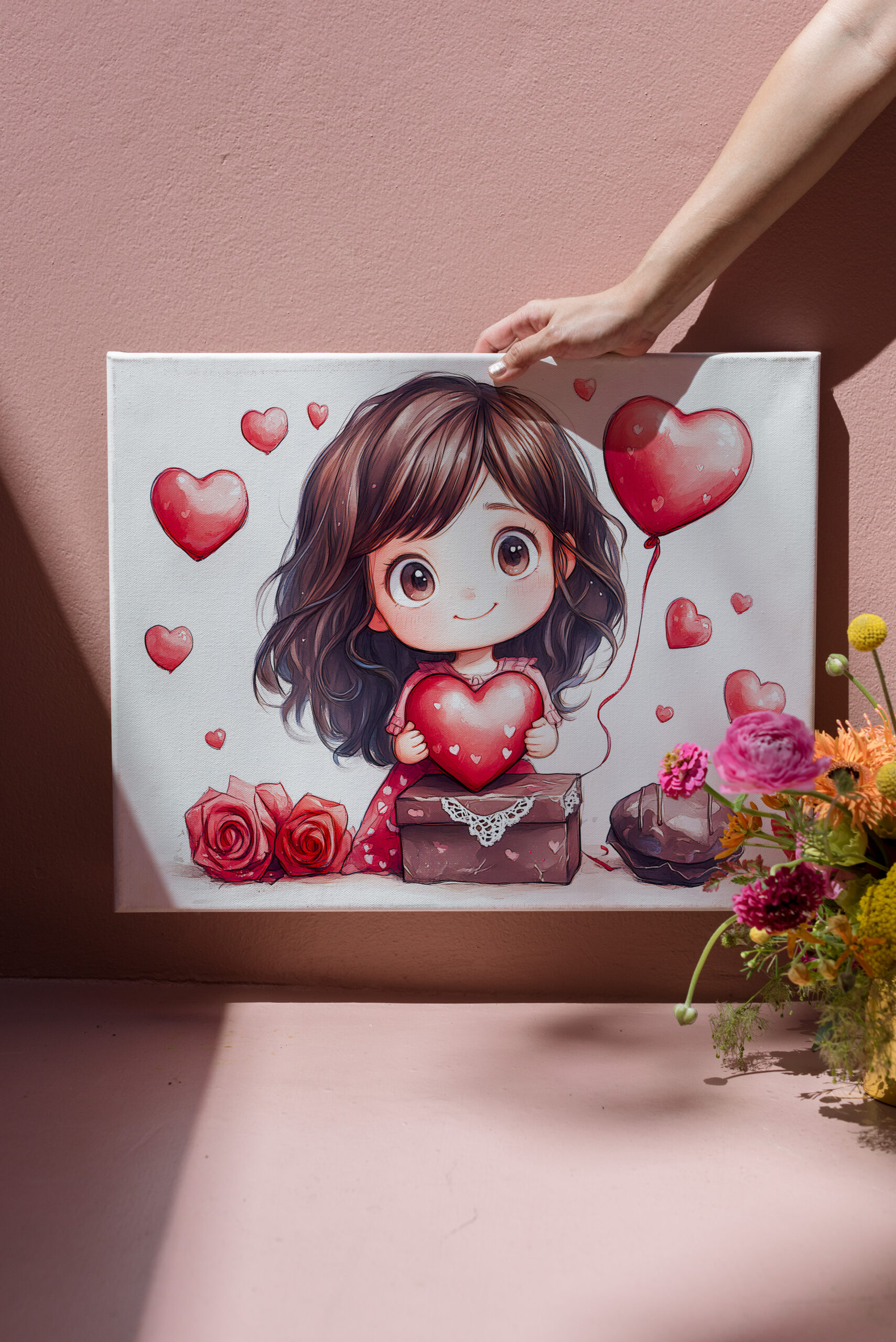 raxxa Canva: Cartoon Girl Holding Heart Romantic Valentine’s Day Artwork
