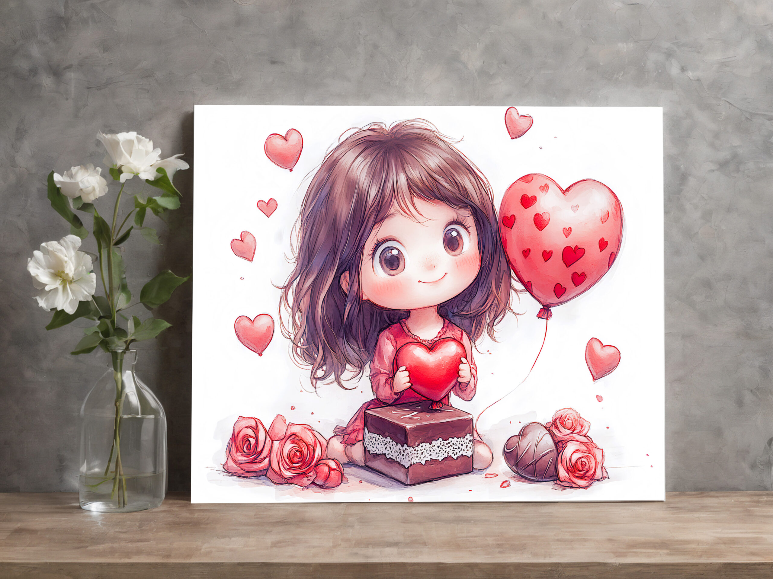 raxxa Canva: Cartoon Girl Surrounded by Roses Romantic Valentine’s Day Illustration – Bild 2
