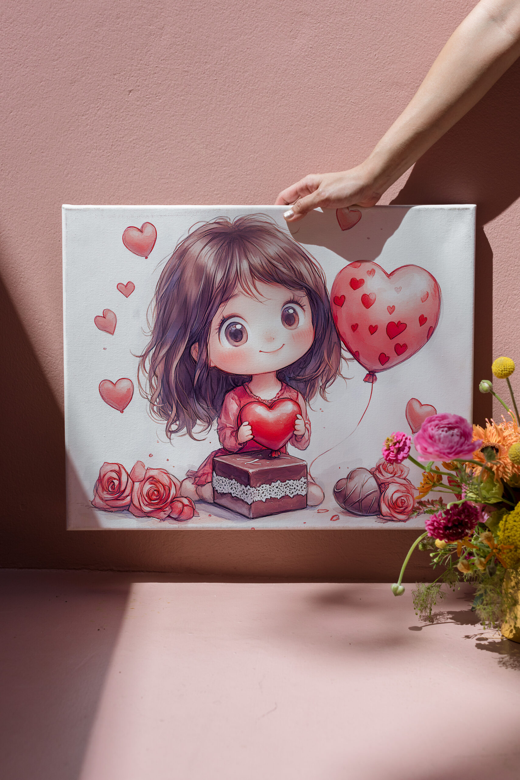 raxxa Canva: Cartoon Girl Surrounded by Roses Romantic Valentine’s Day Illustration