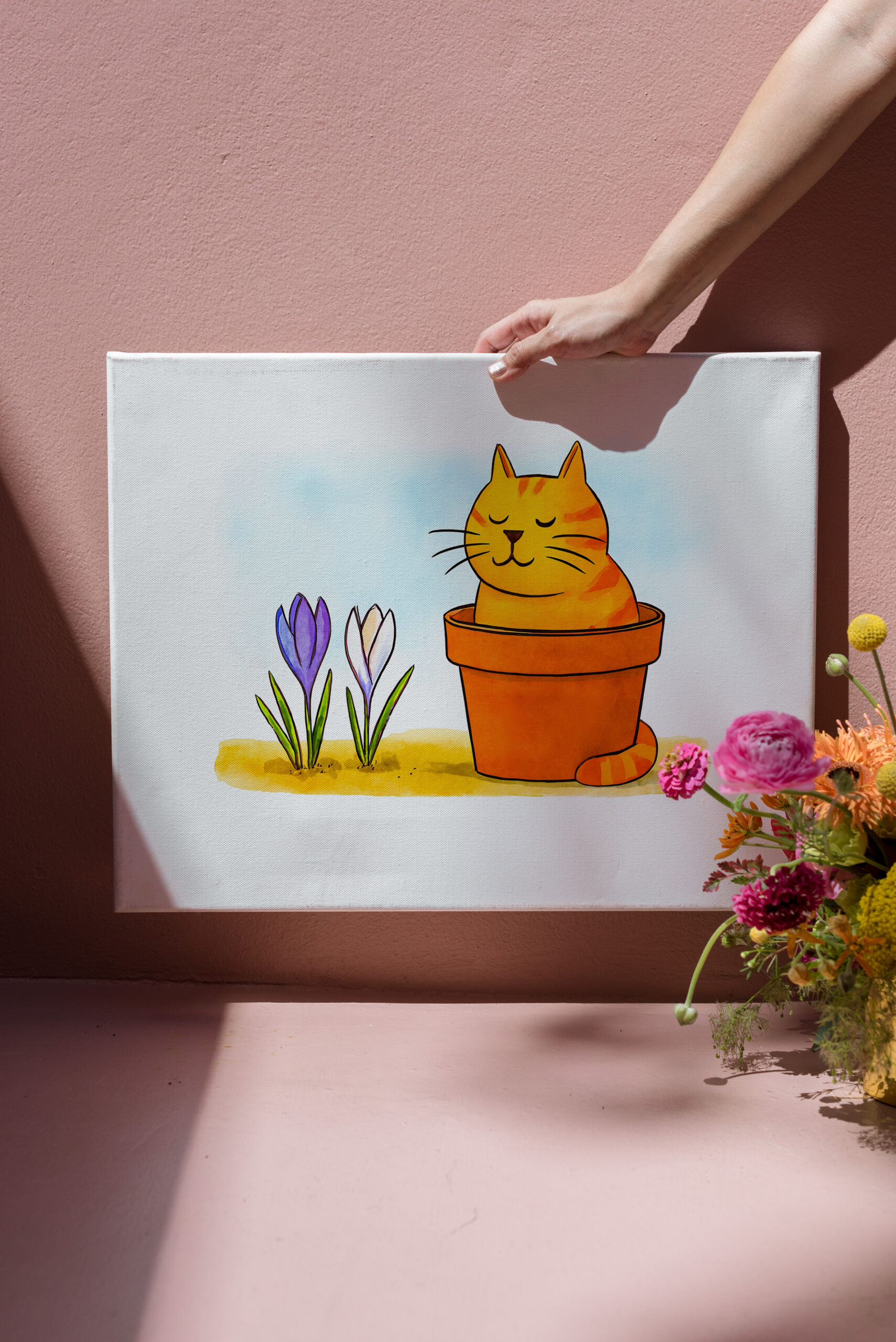 raxxa Canva: Cute Cartoon Cat Sitting in Spring Flowers