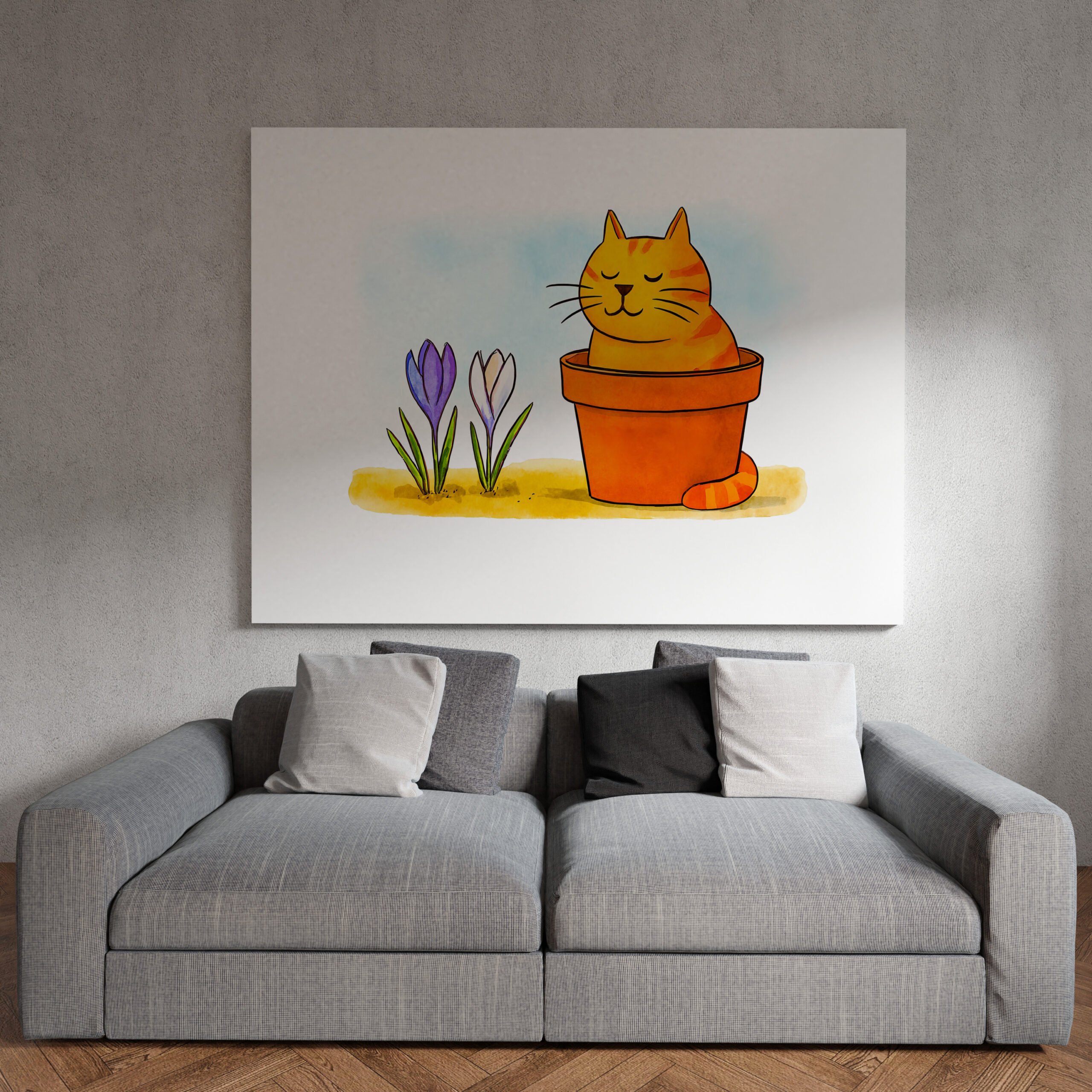 raxxa Canva: Cute Cartoon Cat Sitting in Spring Flowers - Imagen 2