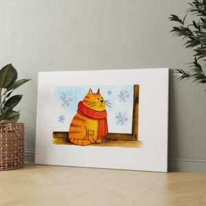 raxxa Canva: Cute Cartoon Cat Sitting at Snowy Window