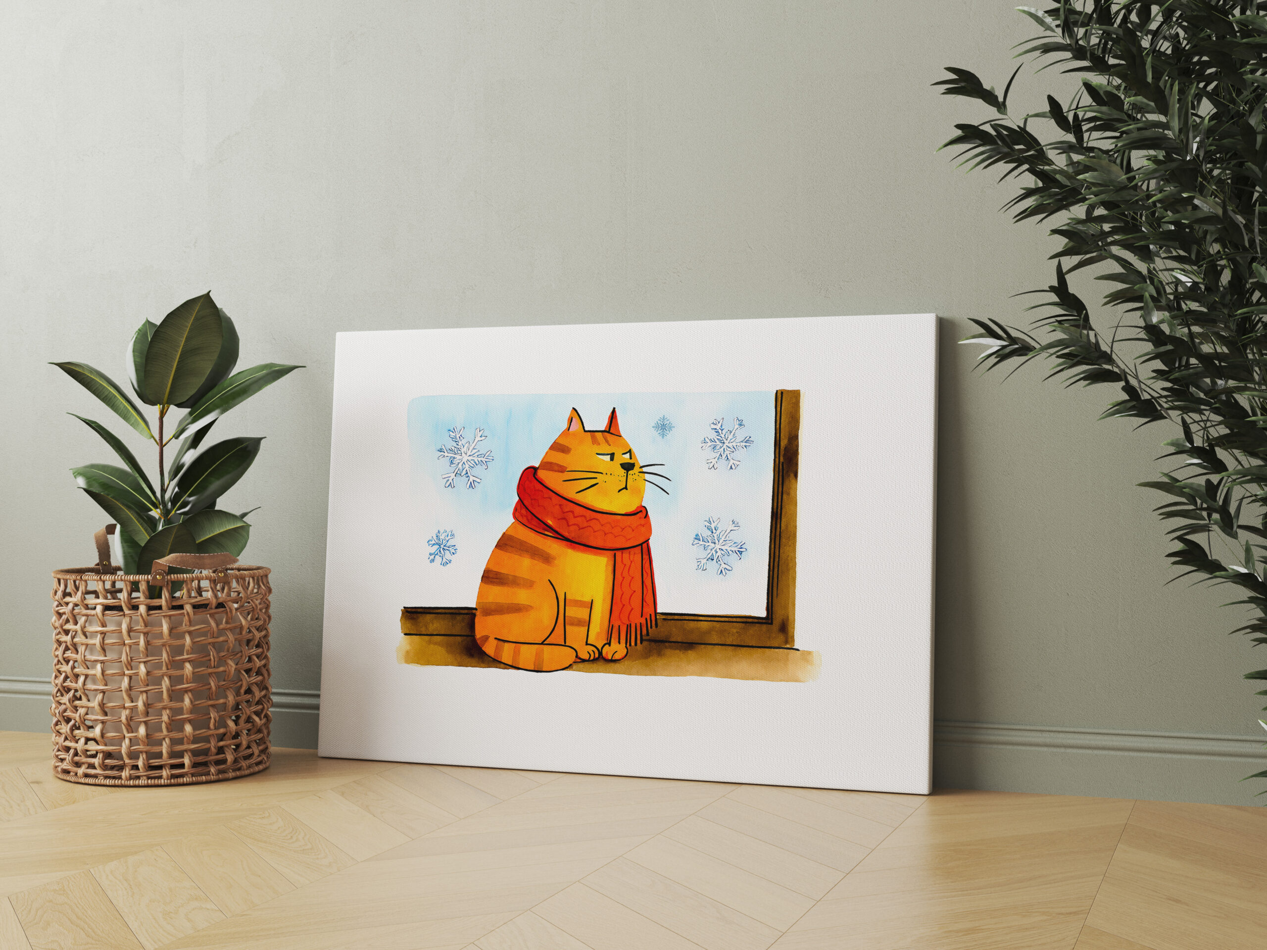 raxxa Canva: Cute Cartoon Cat Sitting at Snowy Window