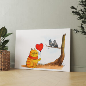 raxxa Canva: Cute Cartoon Cat Holding Heart Balloon Outdoors
