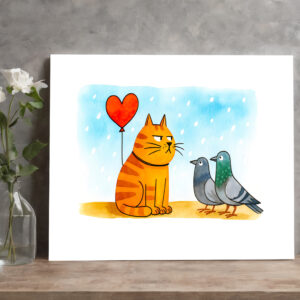 raxxa Canva: Cute Cartoon Cat Holding Heart Balloon Illustration