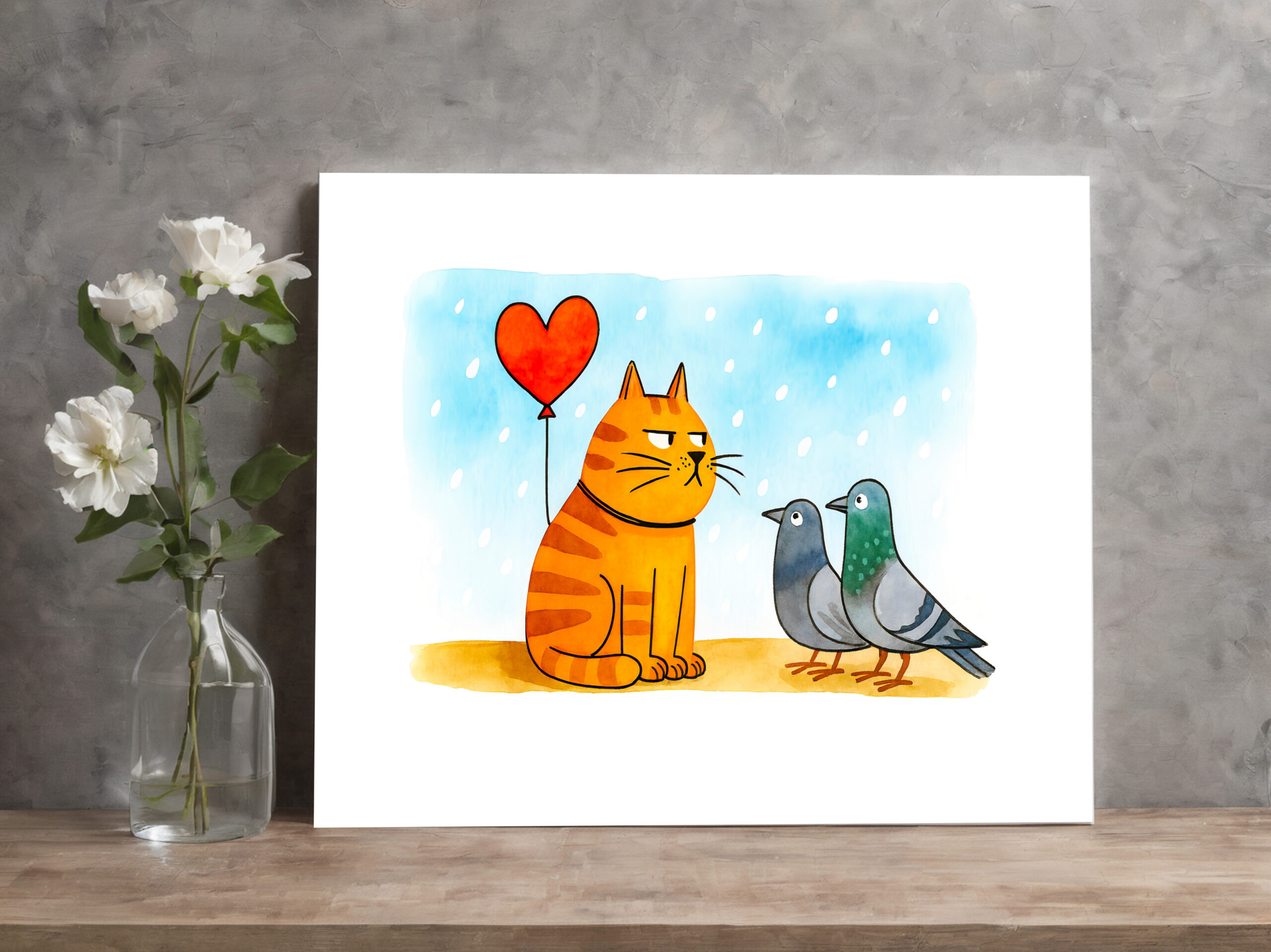 raxxa Canva: Cute Cartoon Cat Holding Heart Balloon Illustration