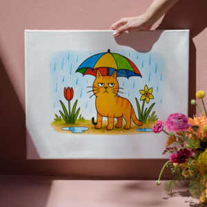 raxxa Canva: Cute Cartoon Cat Standing Under Colorful Umbrella