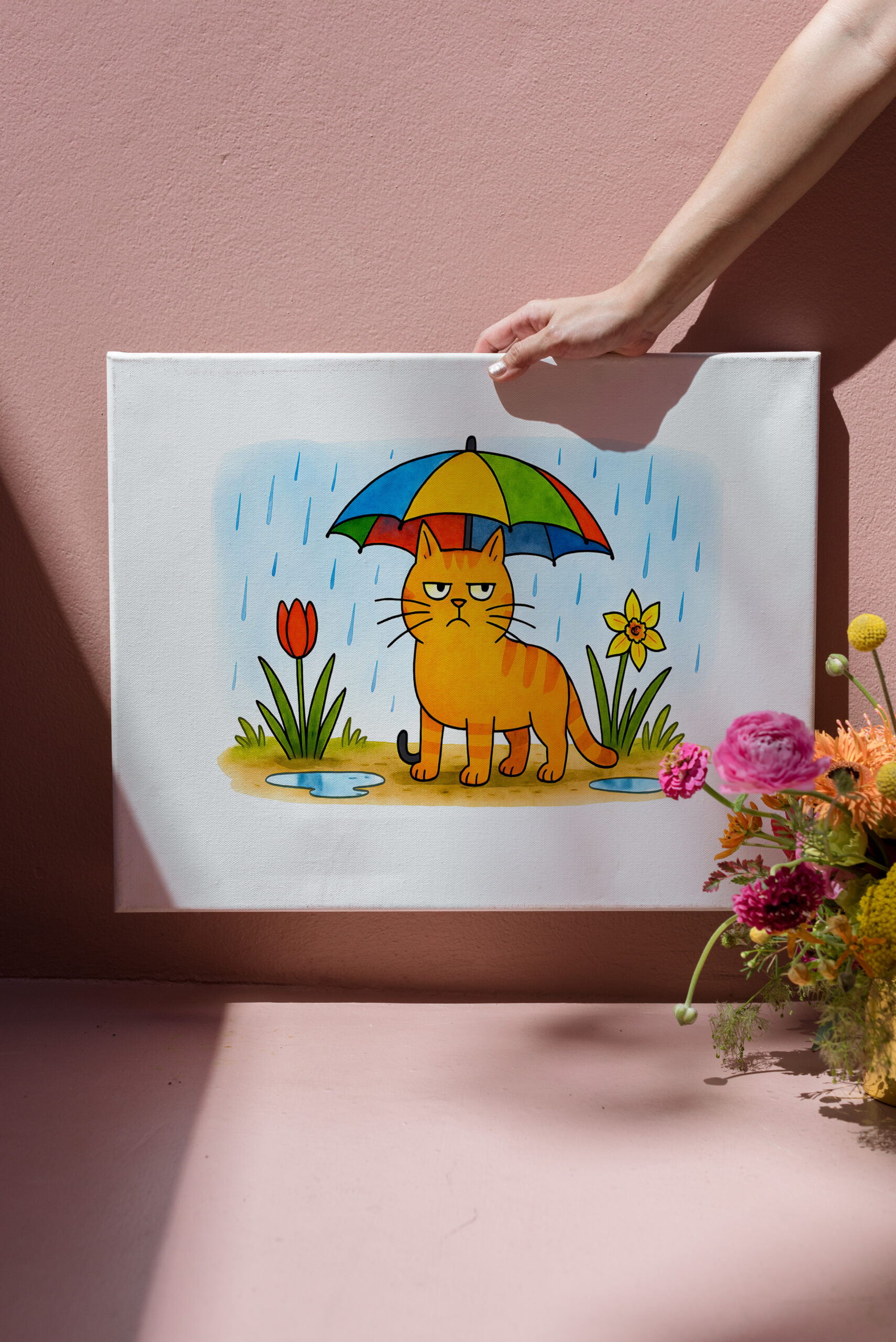 raxxa Canva: Cute Cartoon Cat Standing Under Colorful Umbrella