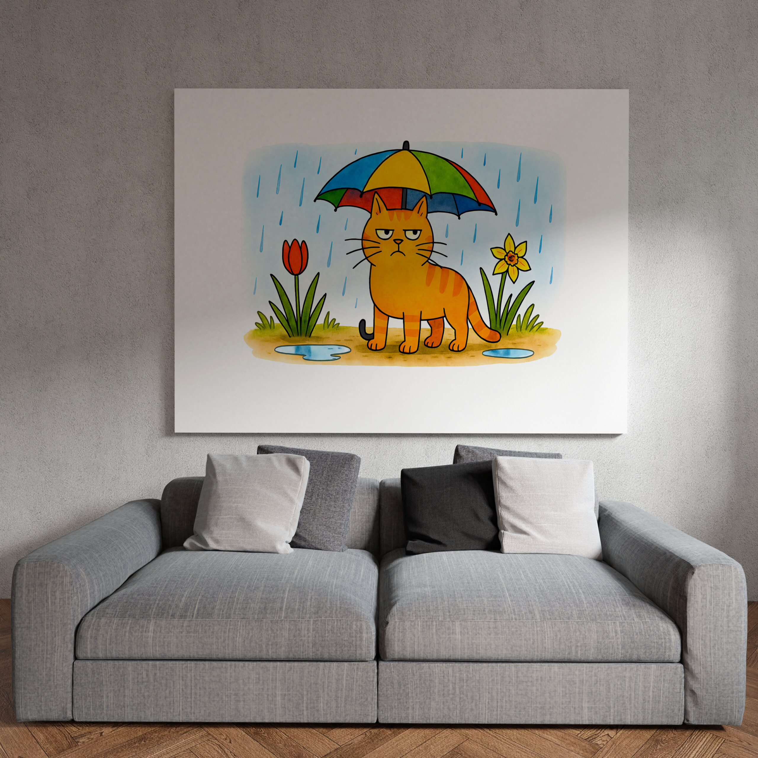 raxxa Canva: Cute Cartoon Cat Standing Under Colorful Umbrella – Bild 3