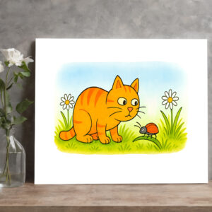 raxxa Canva: Cute Cartoon Cat Watching Ladybug in Meadow