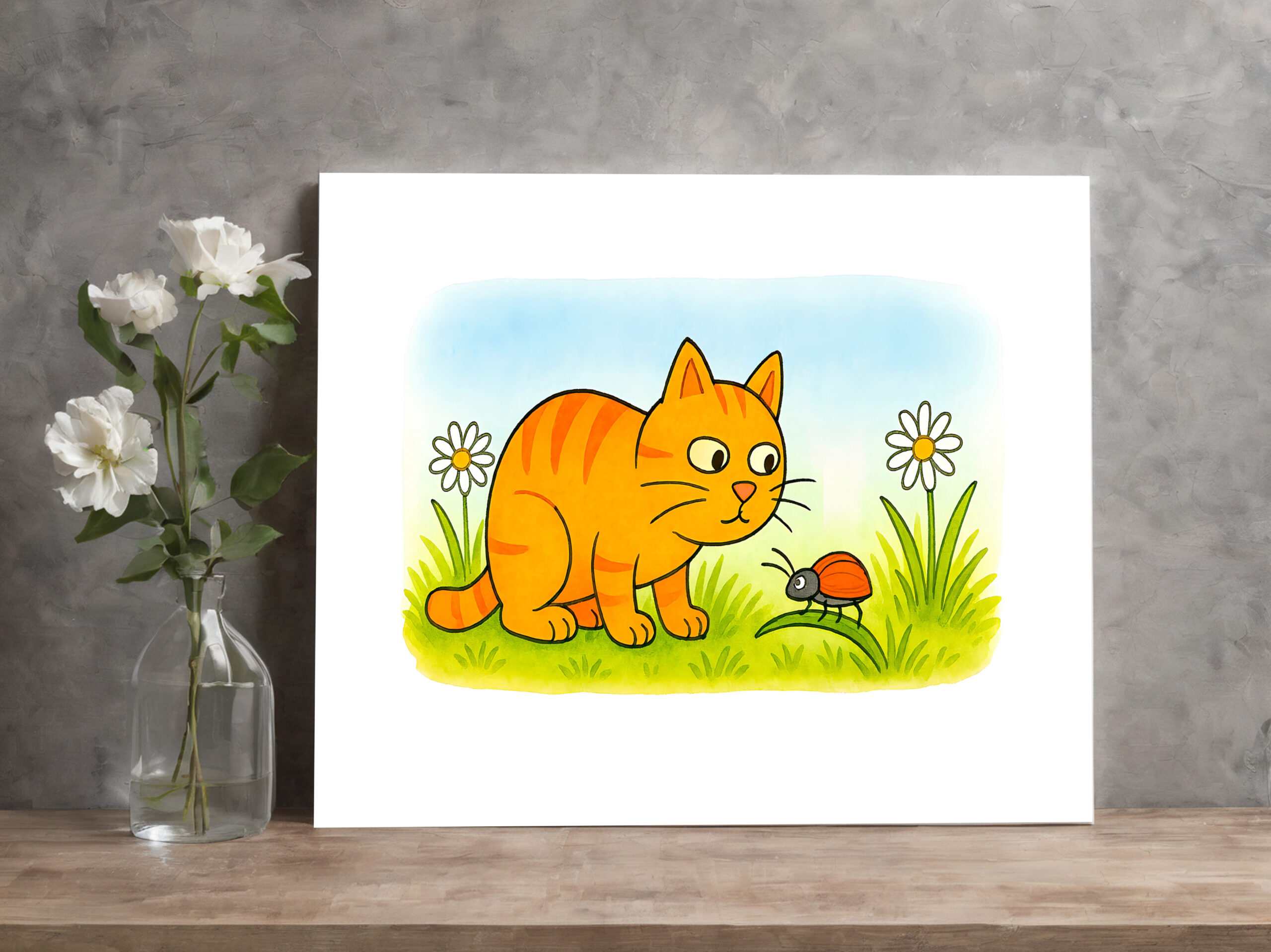 raxxa Canva: Cute Cartoon Cat Watching Ladybug in Meadow