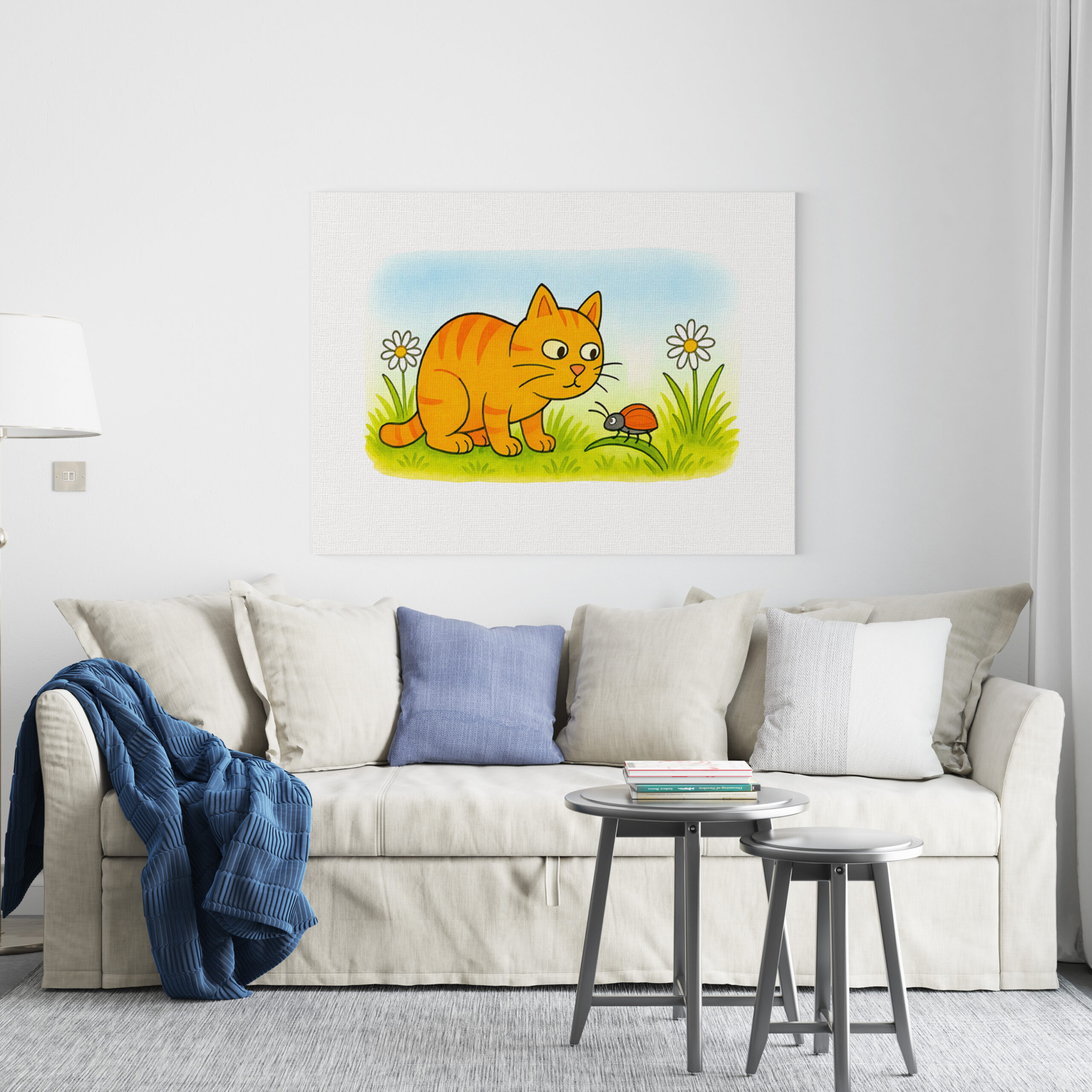 raxxa Canva: Cute Cartoon Cat Watching Ladybug in Meadow - Imagen 2