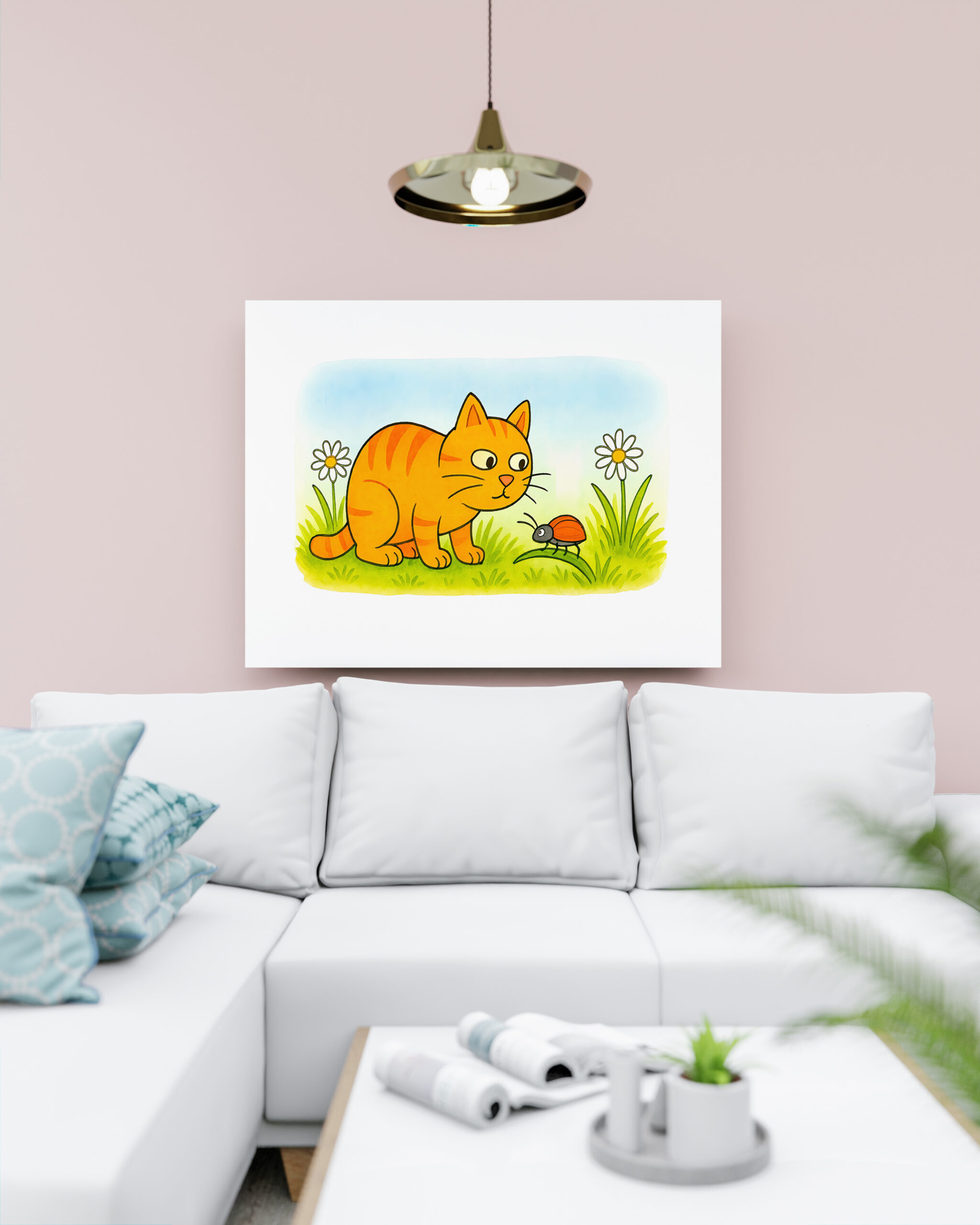 raxxa Canva: Cute Cartoon Cat Watching Ladybug in Meadow - Imagen 3