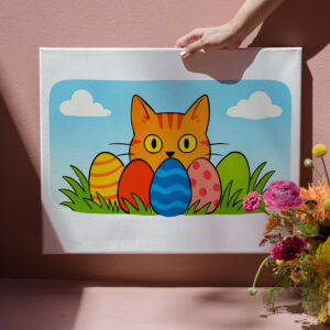 raxxa Canva: Playful Cartoon Cat Hiding Behind Easter Eggs