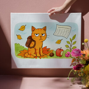 raxxa Canva: Grumpy Cartoon Cat Starting School in Autumn