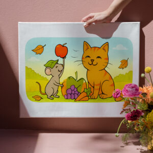 raxxa Canva: Cute Cartoon Cat With Mouse and Heart Balloon