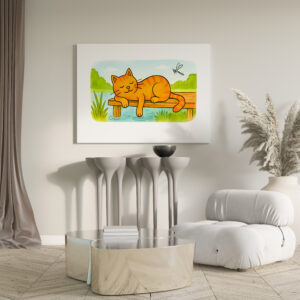 raxxa Canva: Cute Cartoon Cat Resting on Wooden Dock