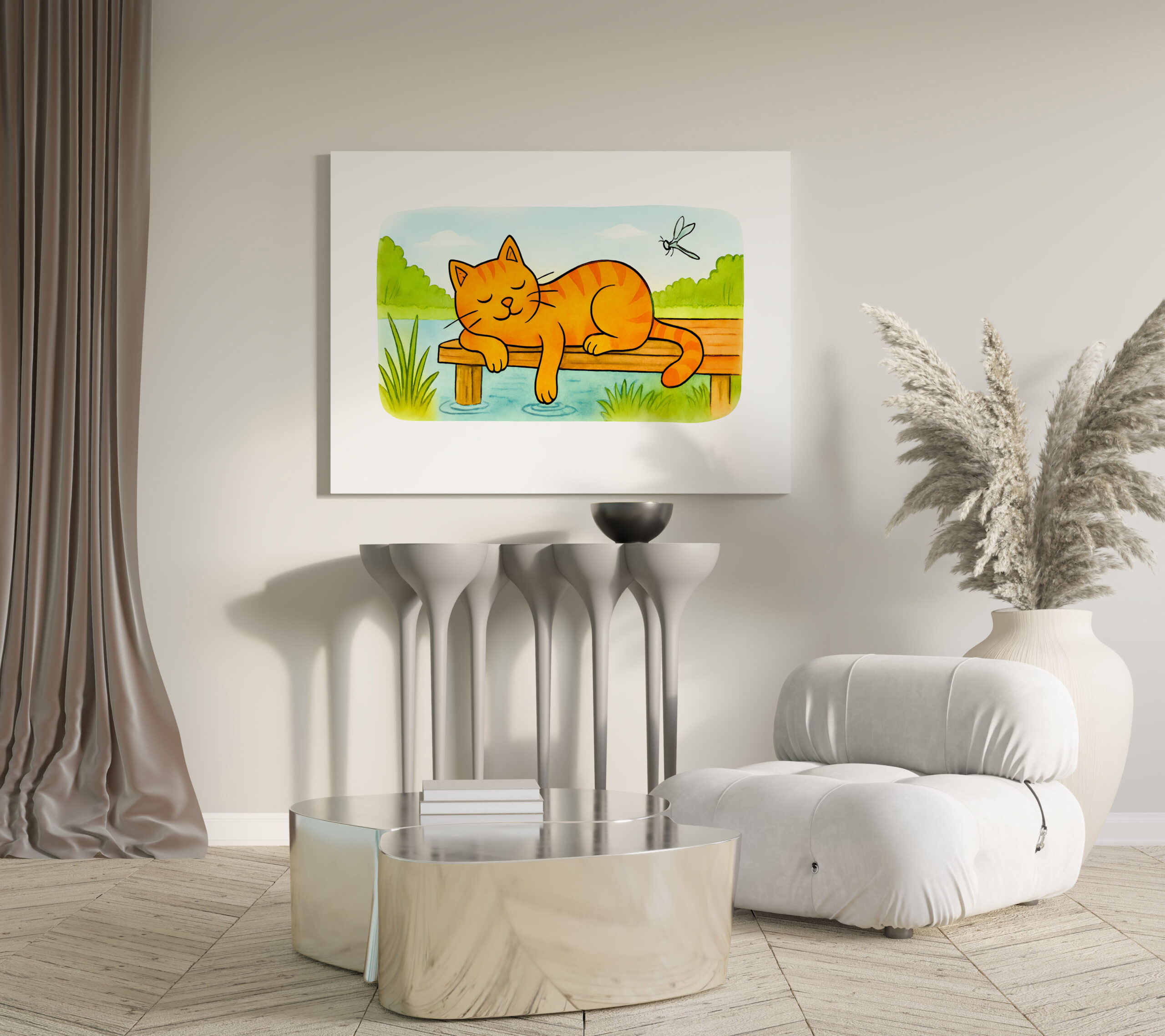 raxxa Canva: Cute Cartoon Cat Resting on Wooden Dock