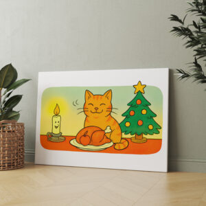 raxxa Canva: Cute Cartoon Cat Sitting by Christmas Candle