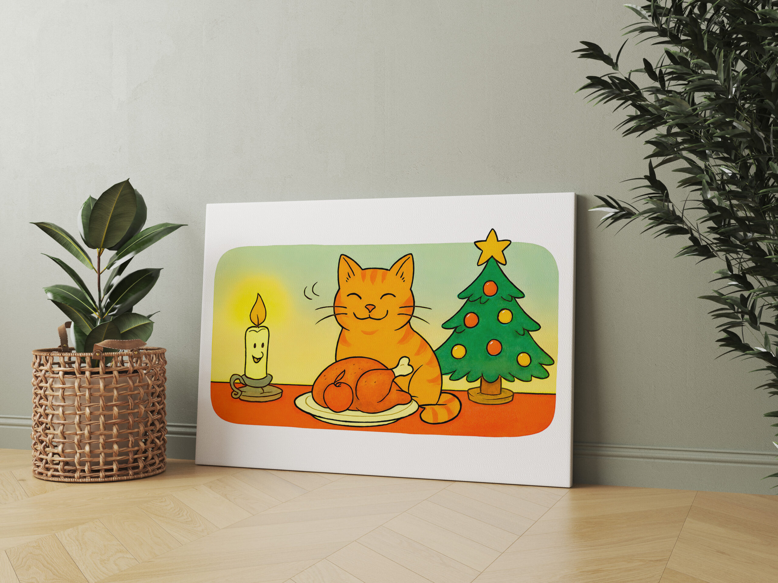 raxxa Canva: Cute Cartoon Cat Sitting by Christmas Candle