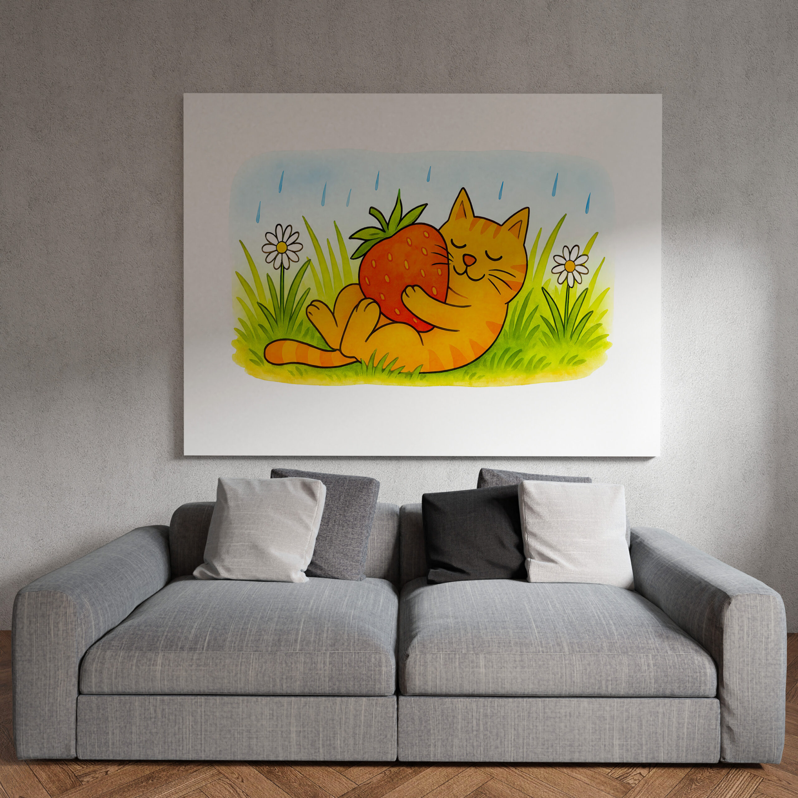 raxxa Canva: Playful Cartoon Cat Hugging Big Strawberry – Bild 2