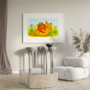 raxxa Canva: Playful Cartoon Cat Hugging Big Strawberry