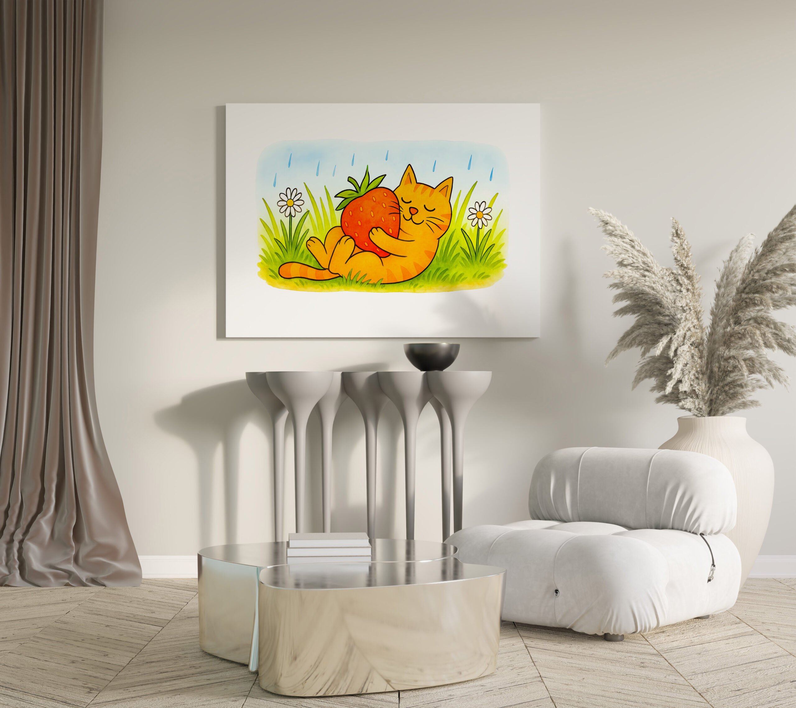 raxxa Canva: Playful Cartoon Cat Hugging Big Strawberry
