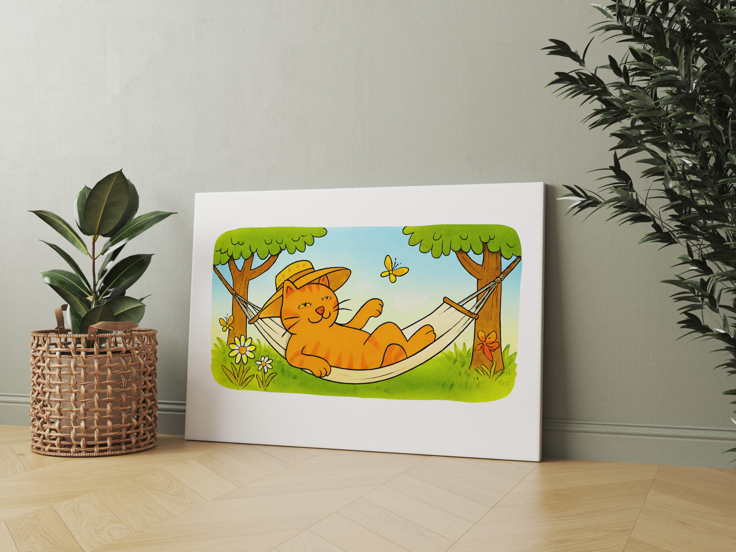 raxxa Canva: Cute Cartoon Cat Relaxing in Garden Hammock