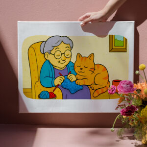 raxxa Canva: Cute Cartoon Cat Resting on Knitting Grandma