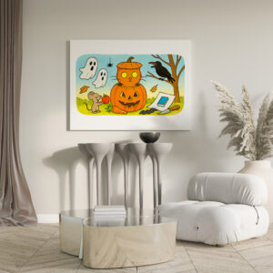 raxxa Canva: Cute Cartoon Cat Sitting in Pumpkin Costume