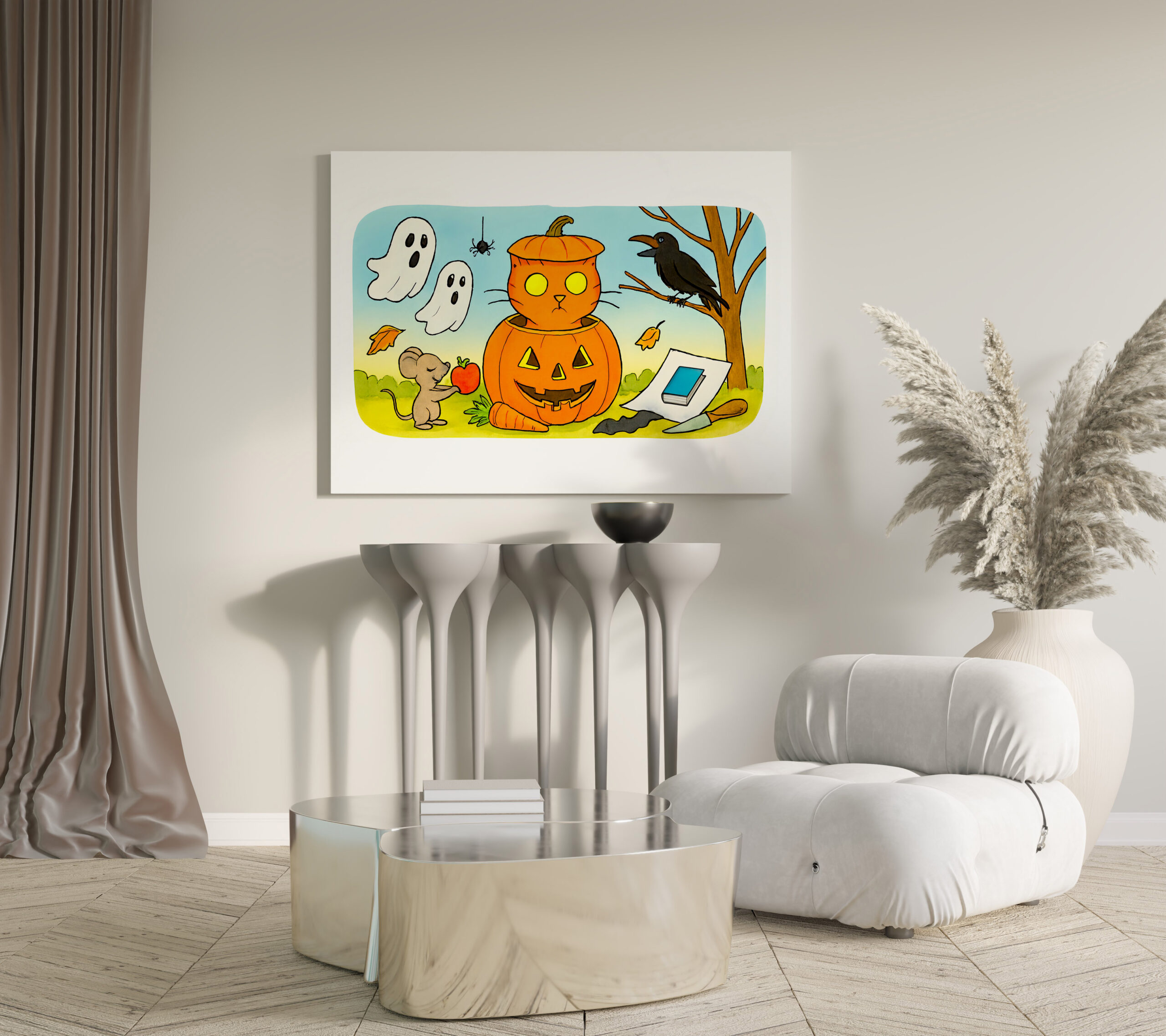 raxxa Canva: Cute Cartoon Cat Sitting in Pumpkin Costume