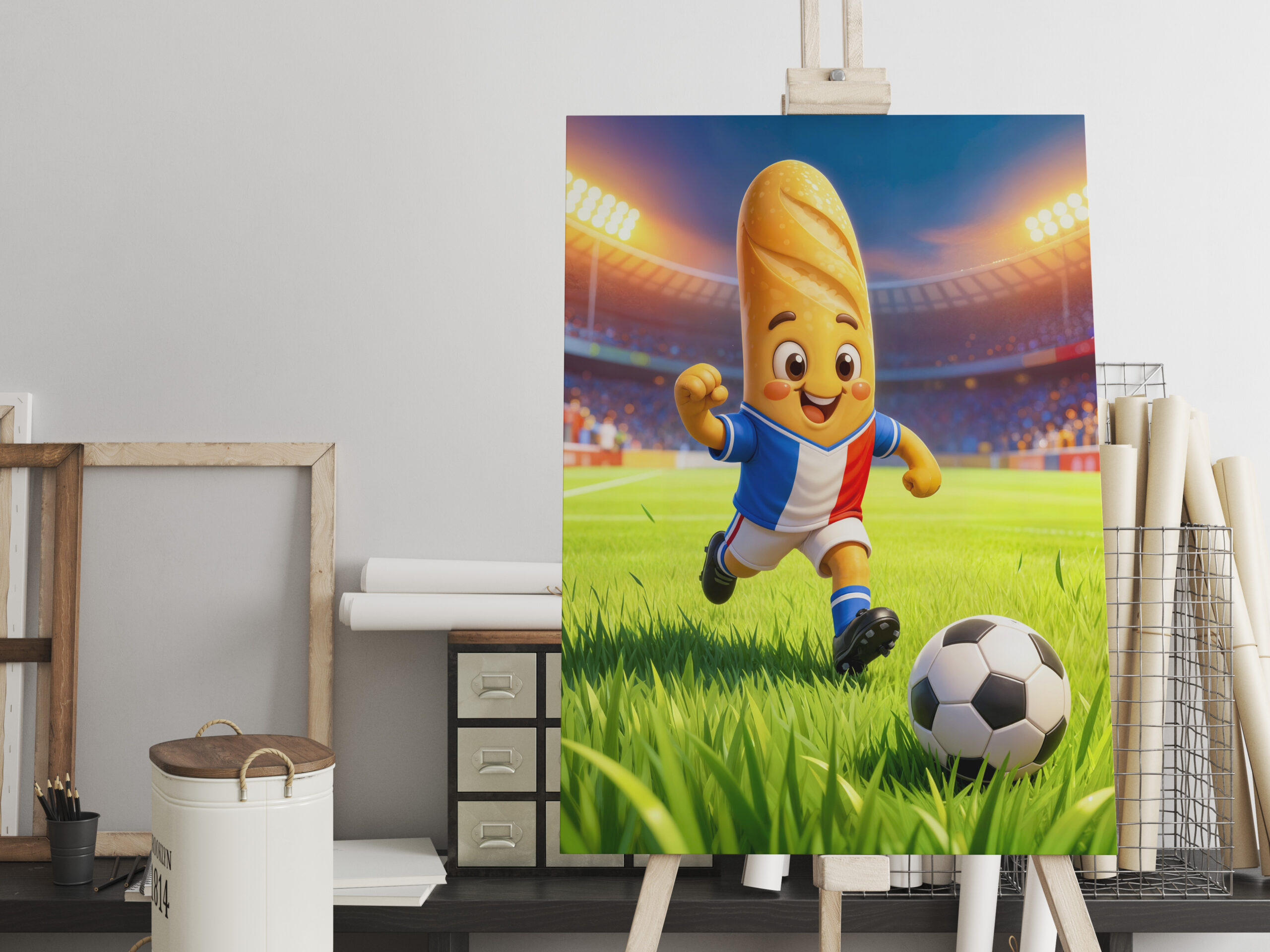 raxxa Canva: French baguette soccer player in stadium action