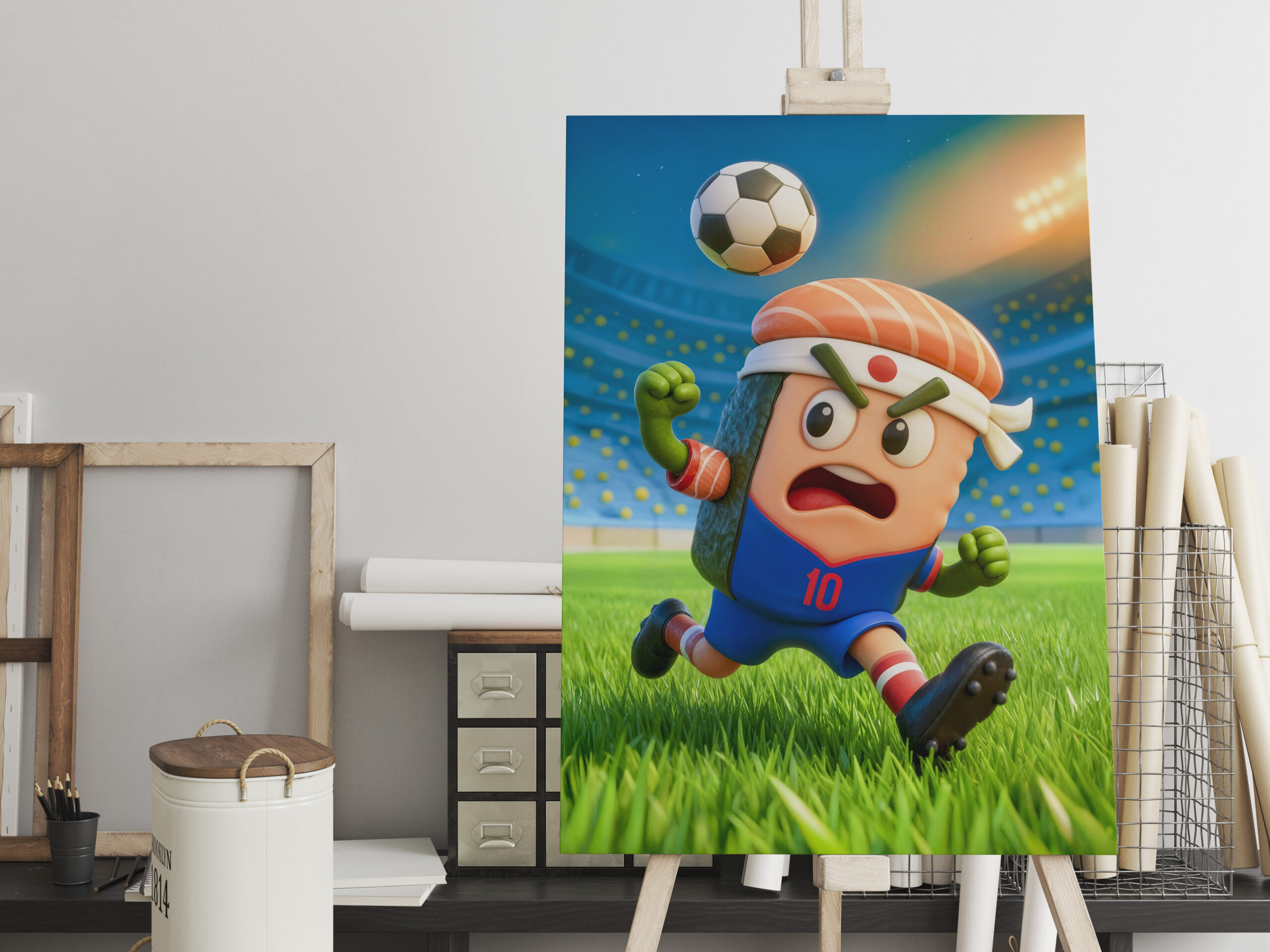 raxxa Canva: Japanese sushi roll soccer player in stadium